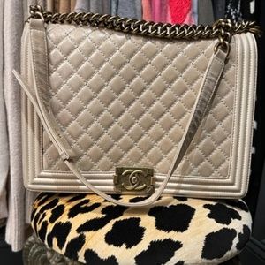 CHANEL Glazed Calfskin Quilted Large Boy Flap Beige